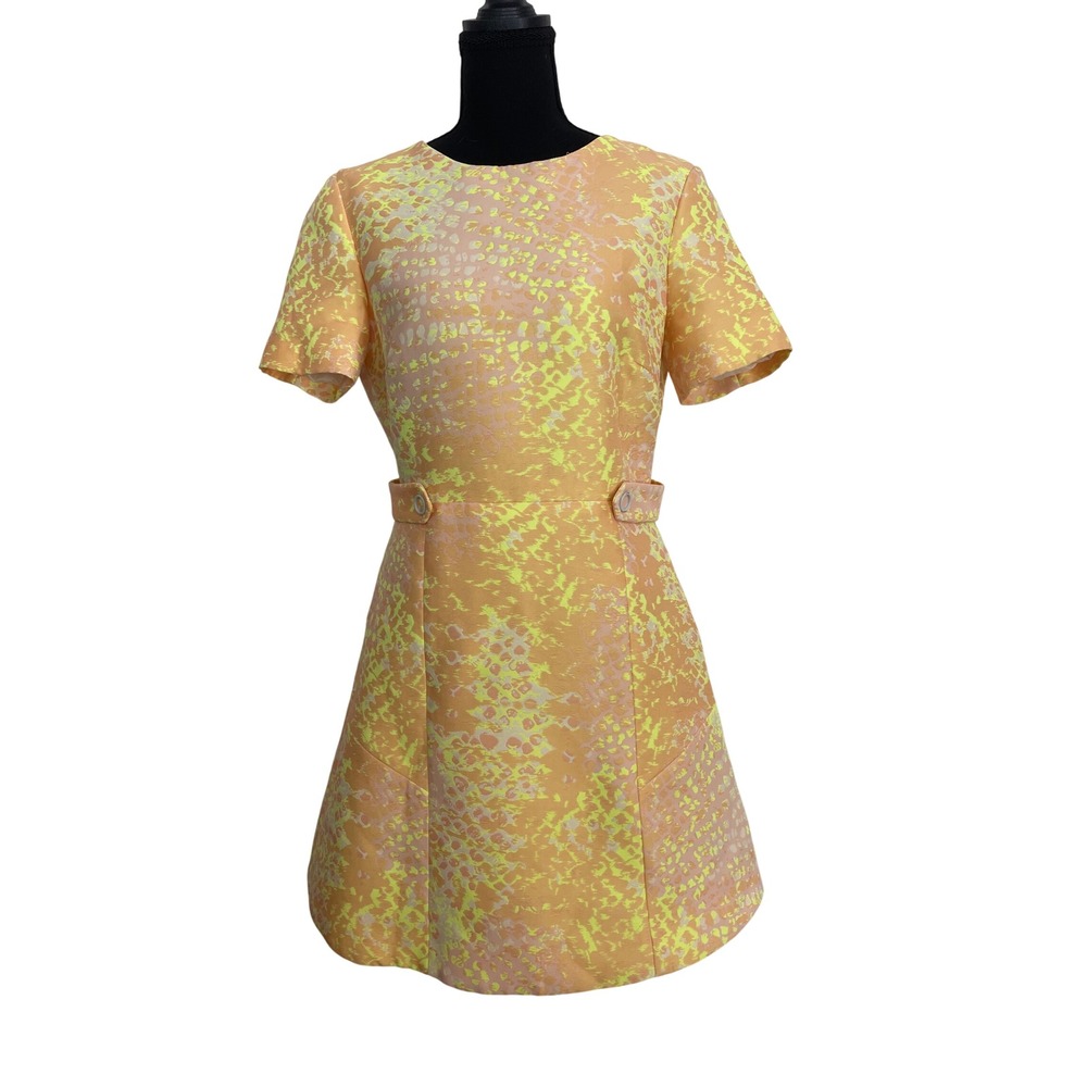 Karen Millen Dress Womens 6 Orange Yellow Snakeskin Brocade A-Line Mini Designer